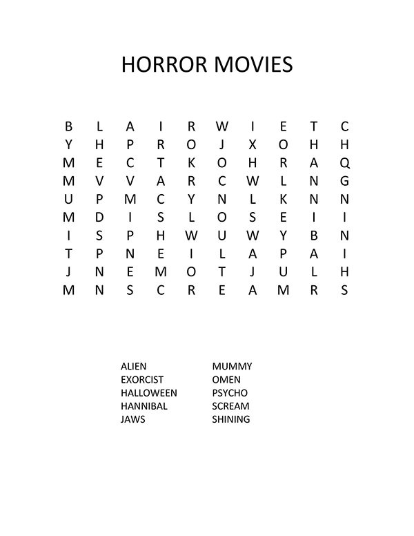Horror Movies Word Search